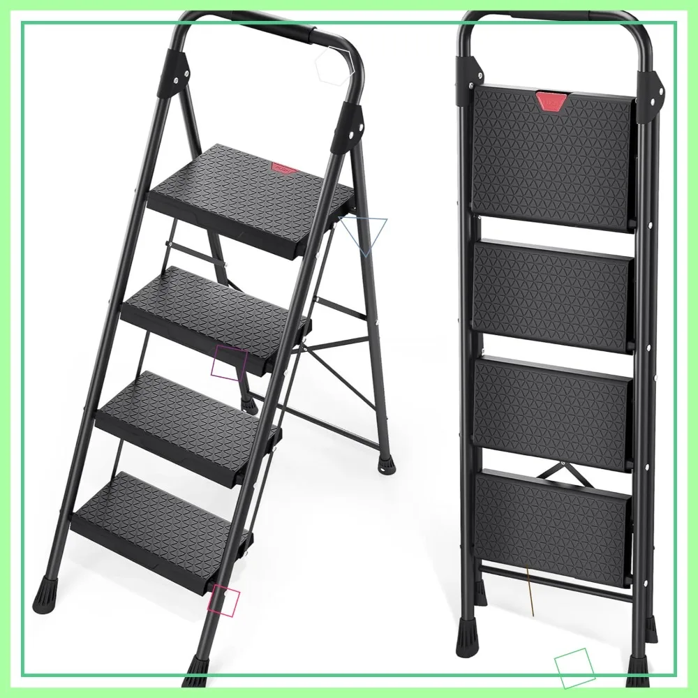 Escalera de 4 Peldaños con Barandilla, Pedales Anchos Antideslizantes, Bloqueo de Seguridad, Taburete Plegable para Cocina, Color Negro