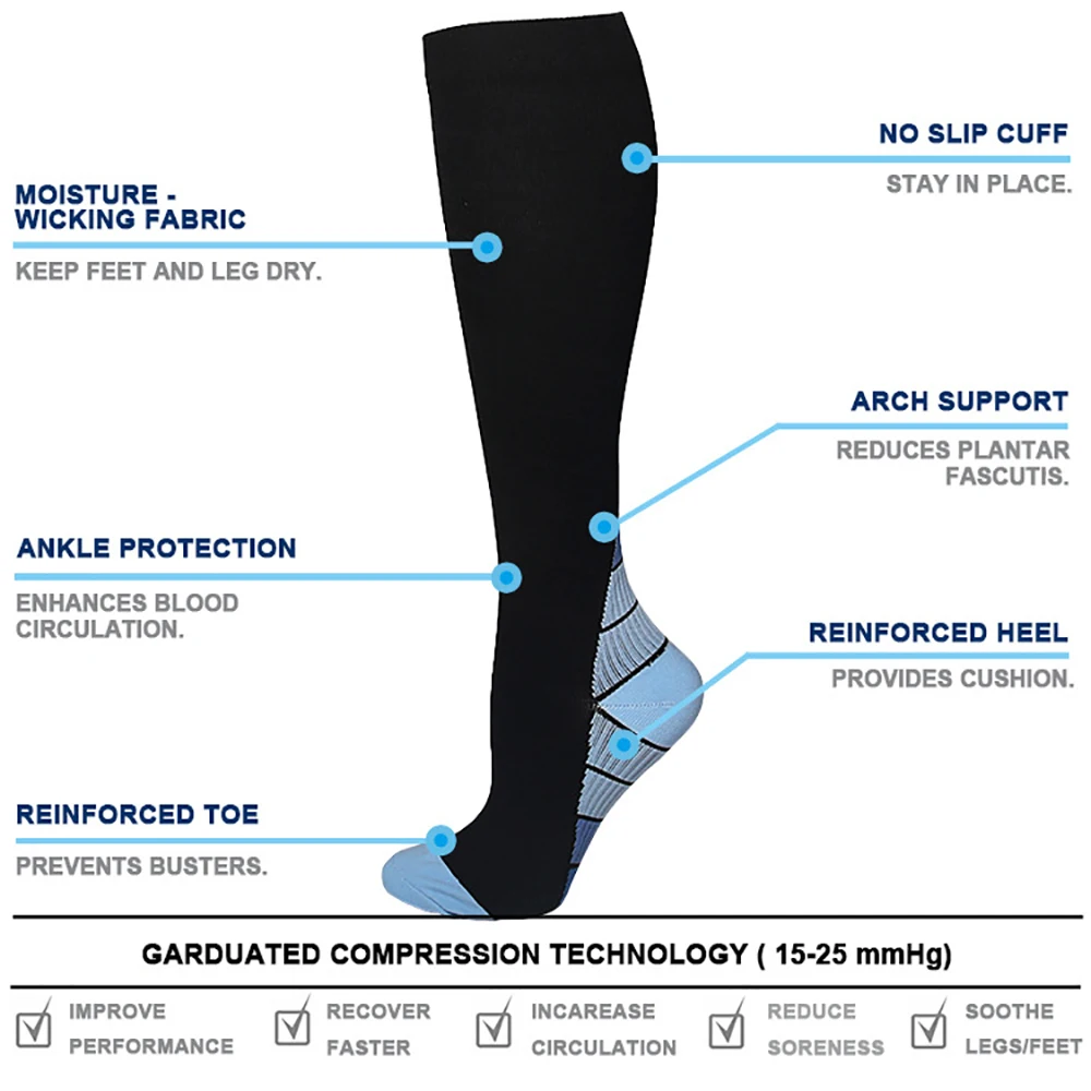 1 Pair Compression Socks 20-30 MMHg - Men & Women - Running, Nurses, Shin Splints, Flight, Travel