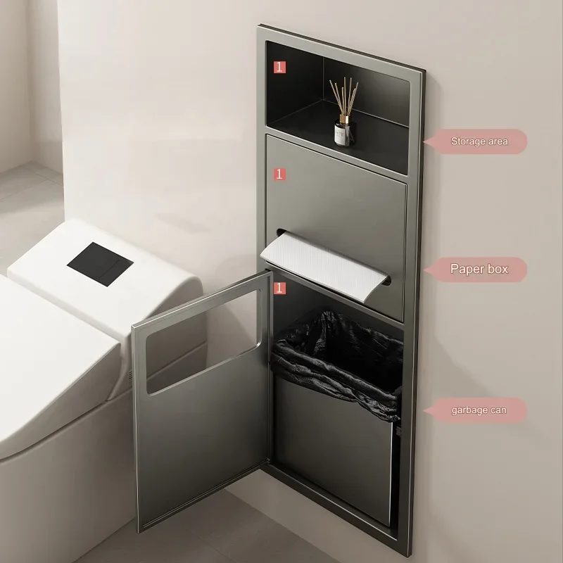 Multi Functional Integration 304 Stainless Steel Wall Embedded Garbage Niche Embedded Shelf for Bathroom Toilet