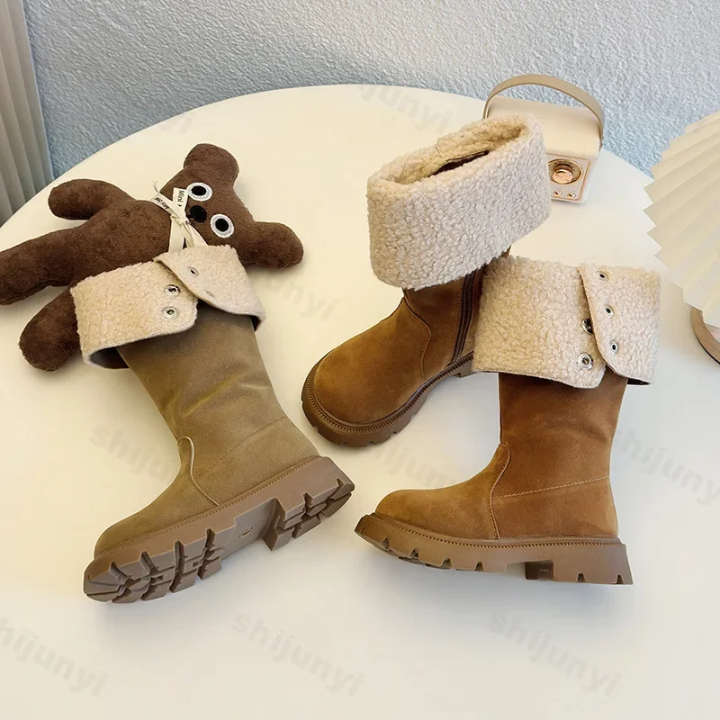 Luxury Lambs Wool Knee High Boots Girls New 2025 Winter Warm Plush Long Boots Kids Flat Shearling Turned-Over Designer Booties