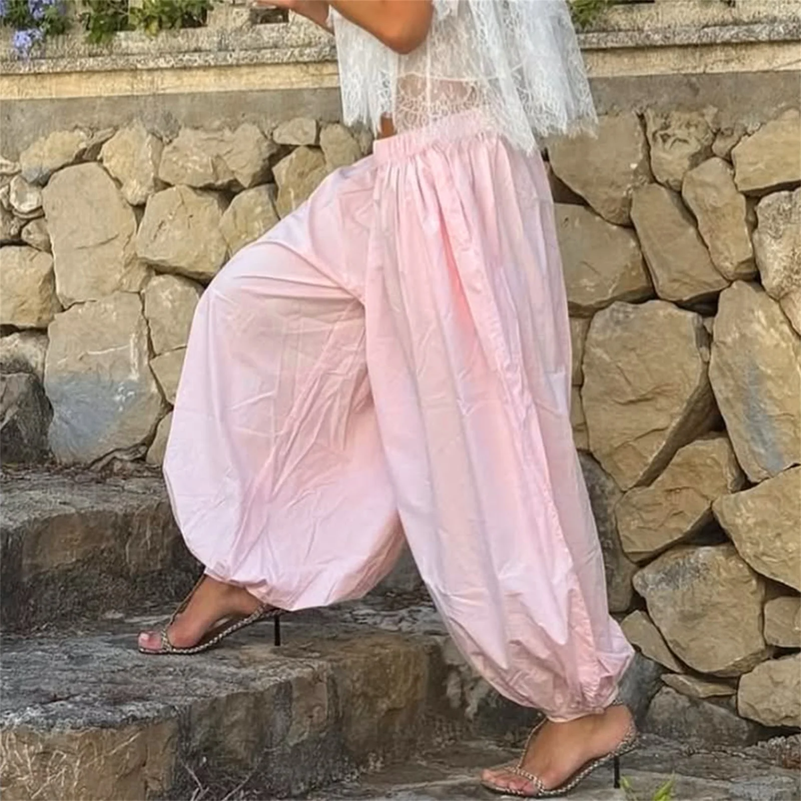 Mode poche Bloomers pantalon femme pantalon plissé ample taille haute Patchwork pansement Streetwear jambe large femmes pantalon