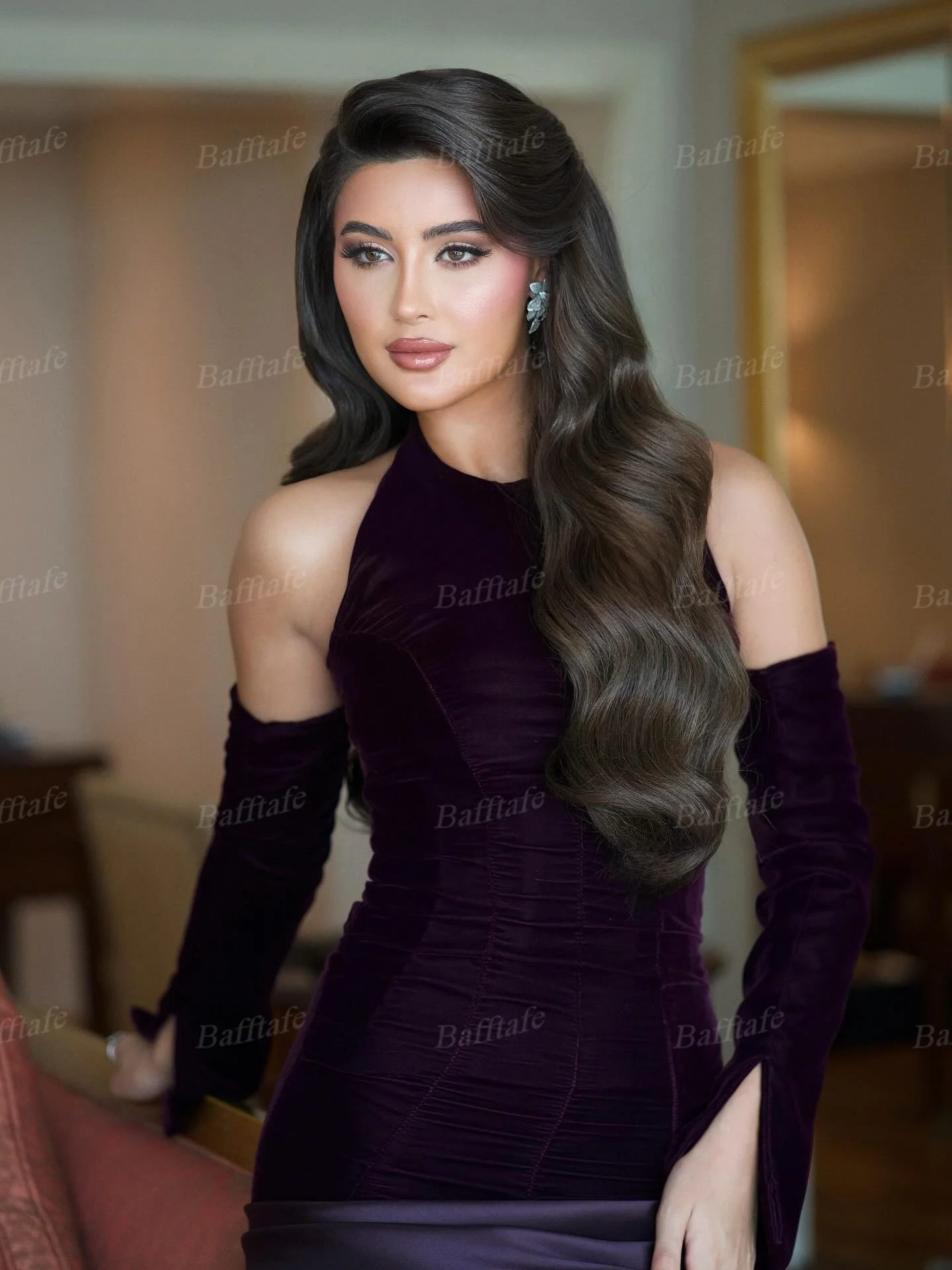 Bafftafe 보라색 벨벳 새틴 맞춤형 댄스 파티 드레스 공식 파티 여성 이브닝 드레스 긴 소매 홀터 특별 행사 가운