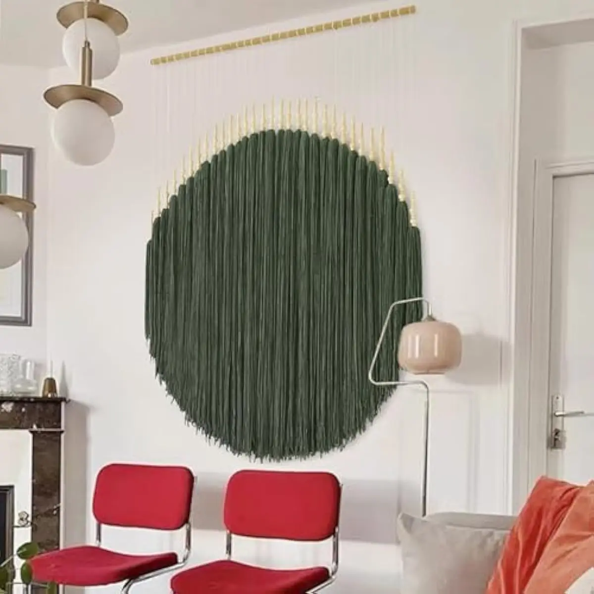Large Handwoven Macrame Tapestry in Earthy Green Tone Featuring Organic Tassel Flow and Textured Fiber Artistry Measuring 39 Inc