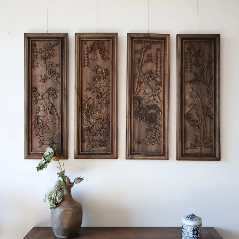 Antique engraving pendant, four Meilan bamboo chrysanthemum hanging screen, Chinese retro and old hollowed out