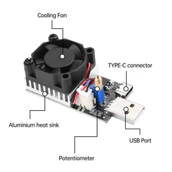 3.7-20V 25W 3A Tester obciążenia USB i Type-C Elektroniczny moduł rezystora testowego obciążenia Regulowany stały prąd z wentylatorem chłodzącym