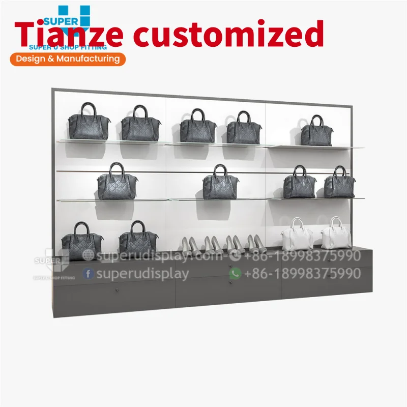 

(Customized) custom wall mount glass handbags display shelving rack glass store fixtures backlit boutique fashion shop mdf bag d