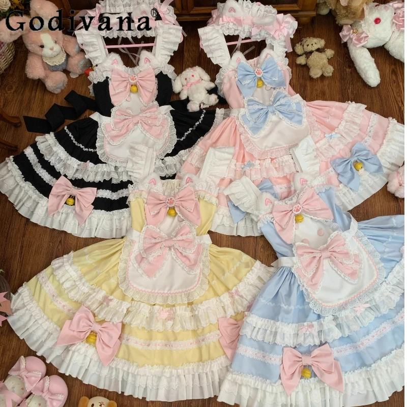 

Japanese Style Girls Sweet Lolita Dress Apron Set Summer New Daily Sleeveless Kawaii Lolita Dress Jsk Loli Cos Dress Maid Outfit