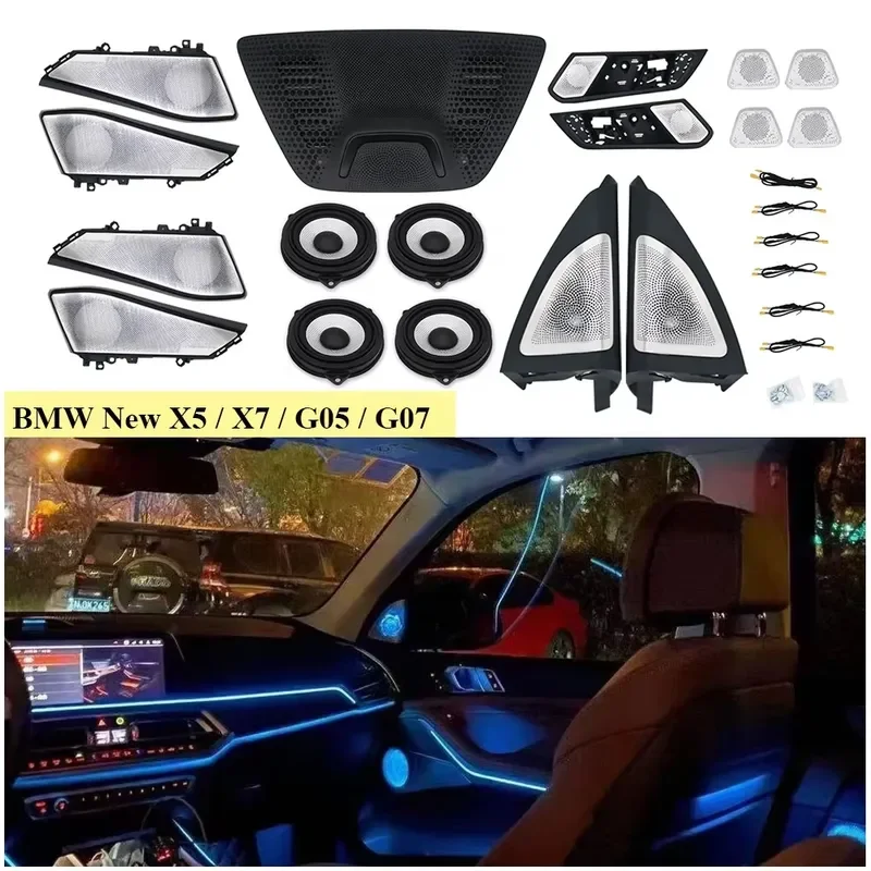 Auto A-pillar Tweeter Front and Rear Door Speaker Covers with Luminous Ambient Light for G05 G07 X5 X7 2018+