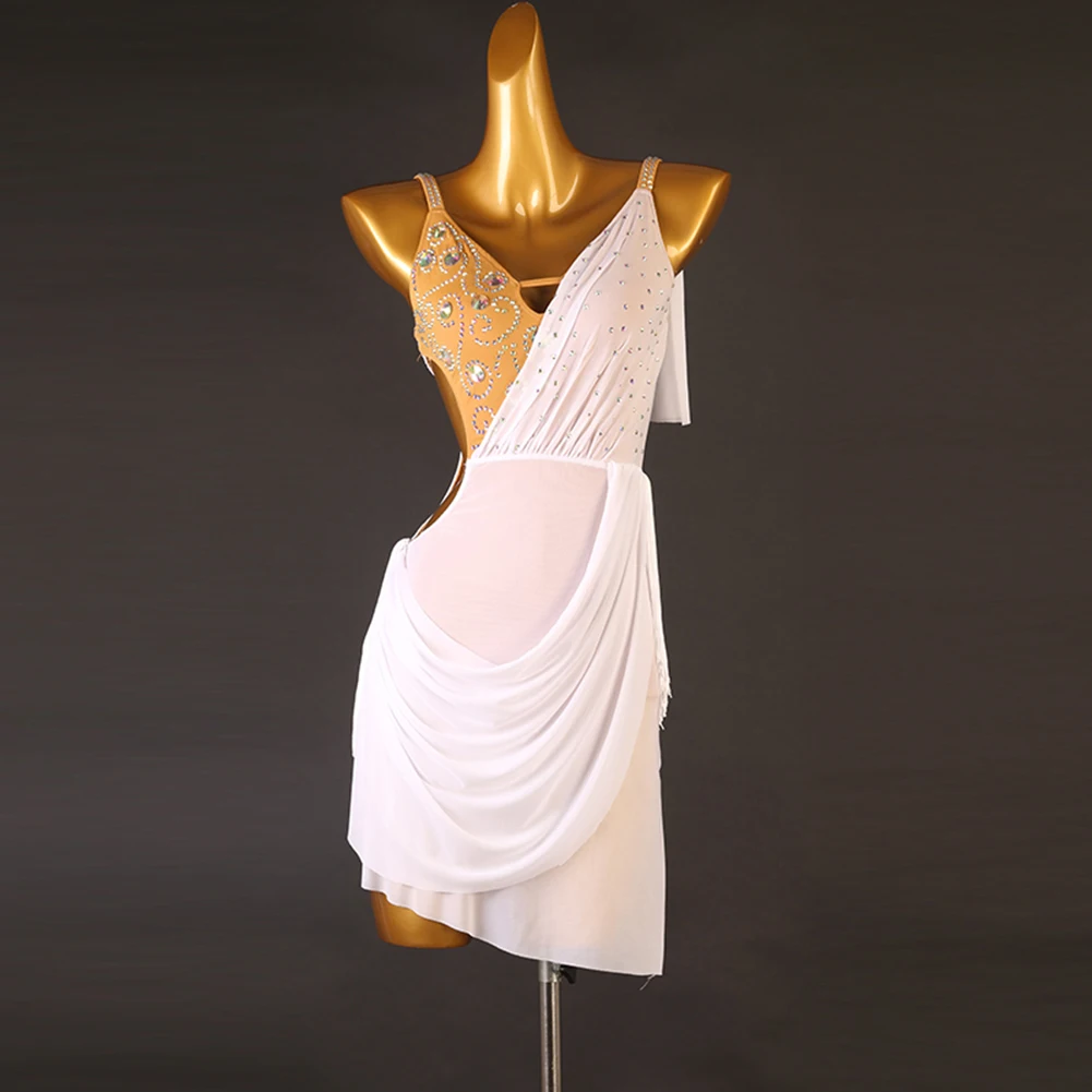Latin Dress Sleeveless Stage Clothes Rhinestones Line Dance Costume Sexy Suspenders White Samba Rumba Woman Performance Wear Use