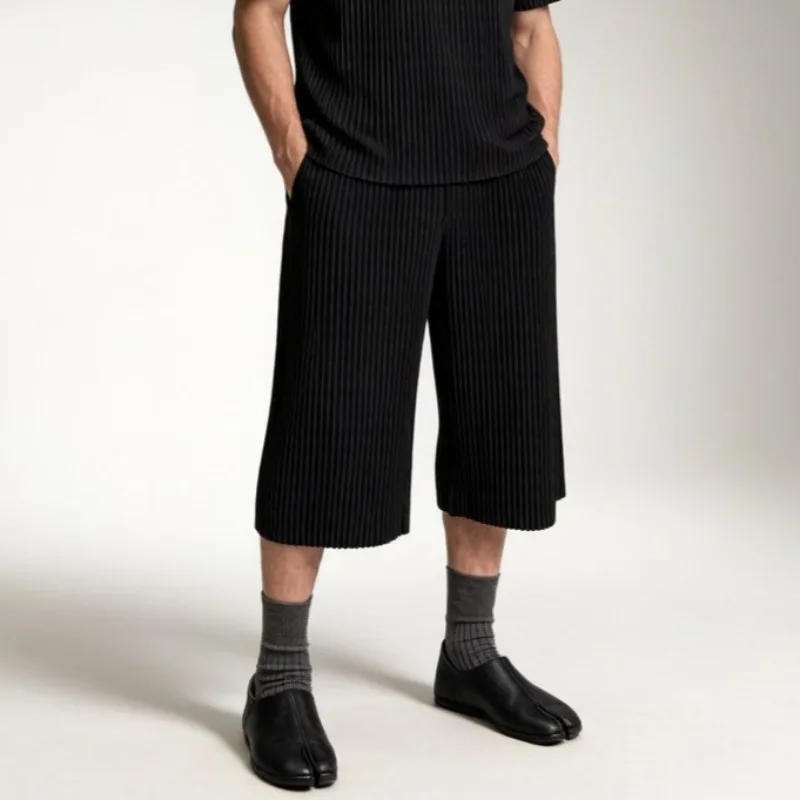 Miyake Pleated Seven-Point Wide-Leg Pants Plisse Men 2026 Loose Fit Plus Size Long Trousers Summer Fashion Slim Straight Pants