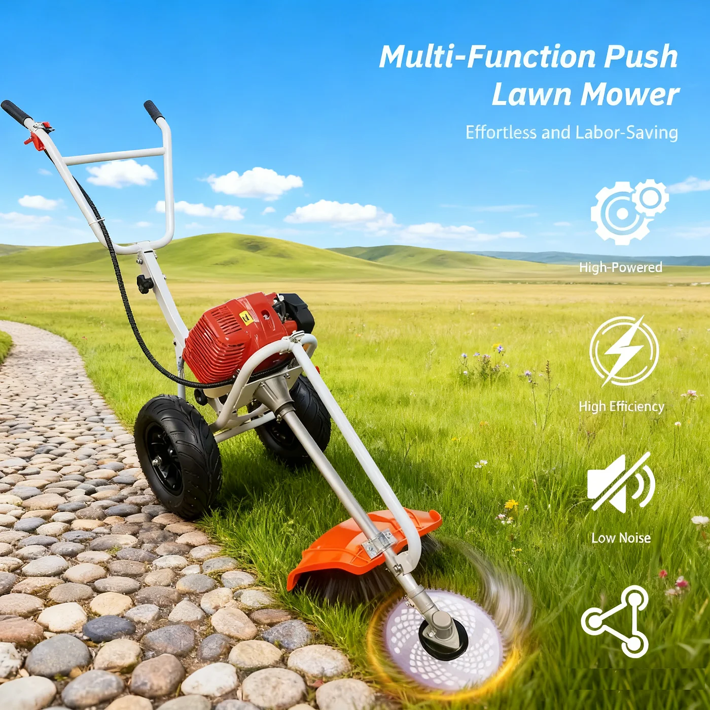 Tungfull Multi-function Hand Push Gas Lawn Mower Wheeled Petrol Grass Trimmer High Power Farm Orchard Weeding Brush Cutter