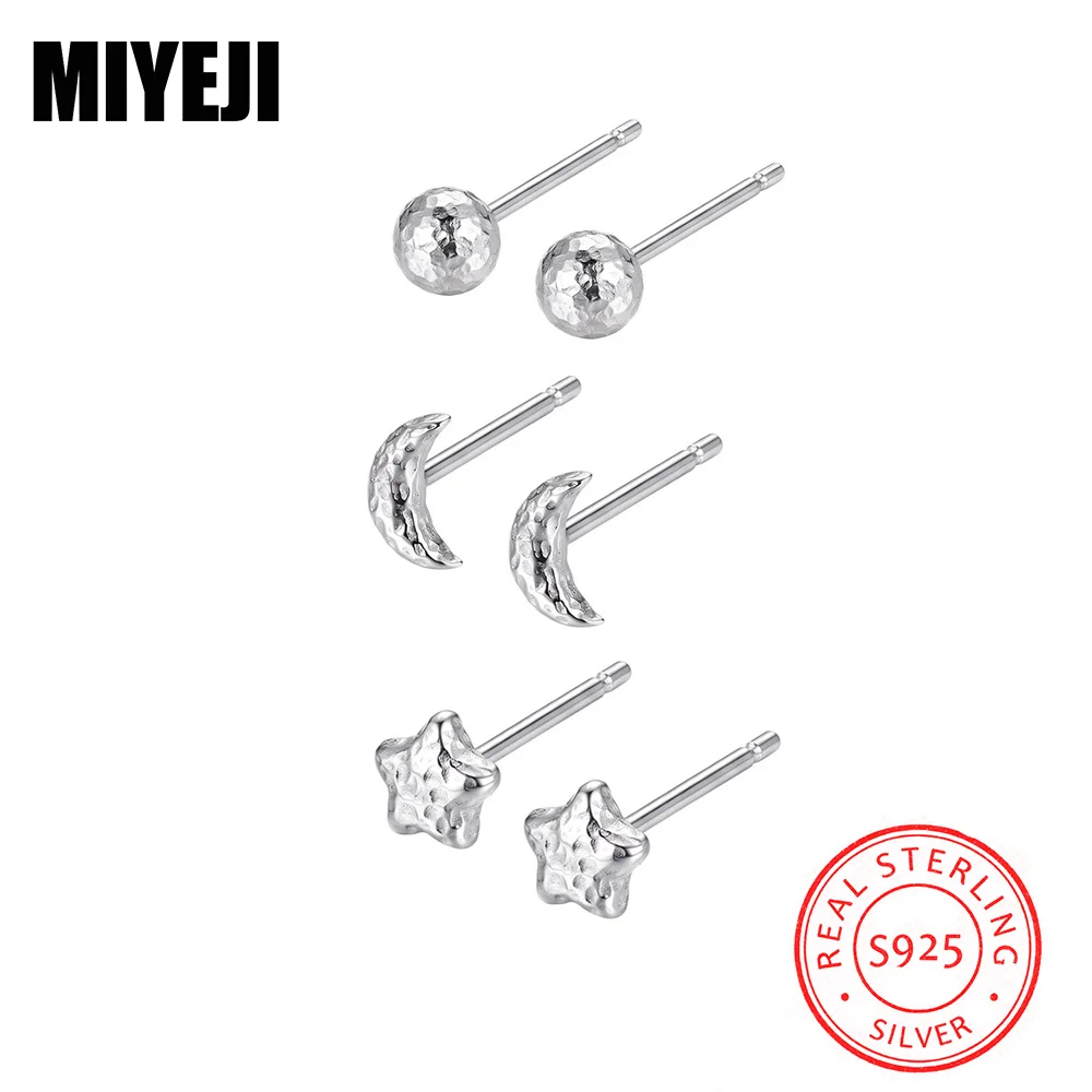 MIYEJI Real 925 Sterling Silver Texture Bead Moon Mini Piercing Stud Earrings For Women Daily Wear Classic Fine Jewelry Gift