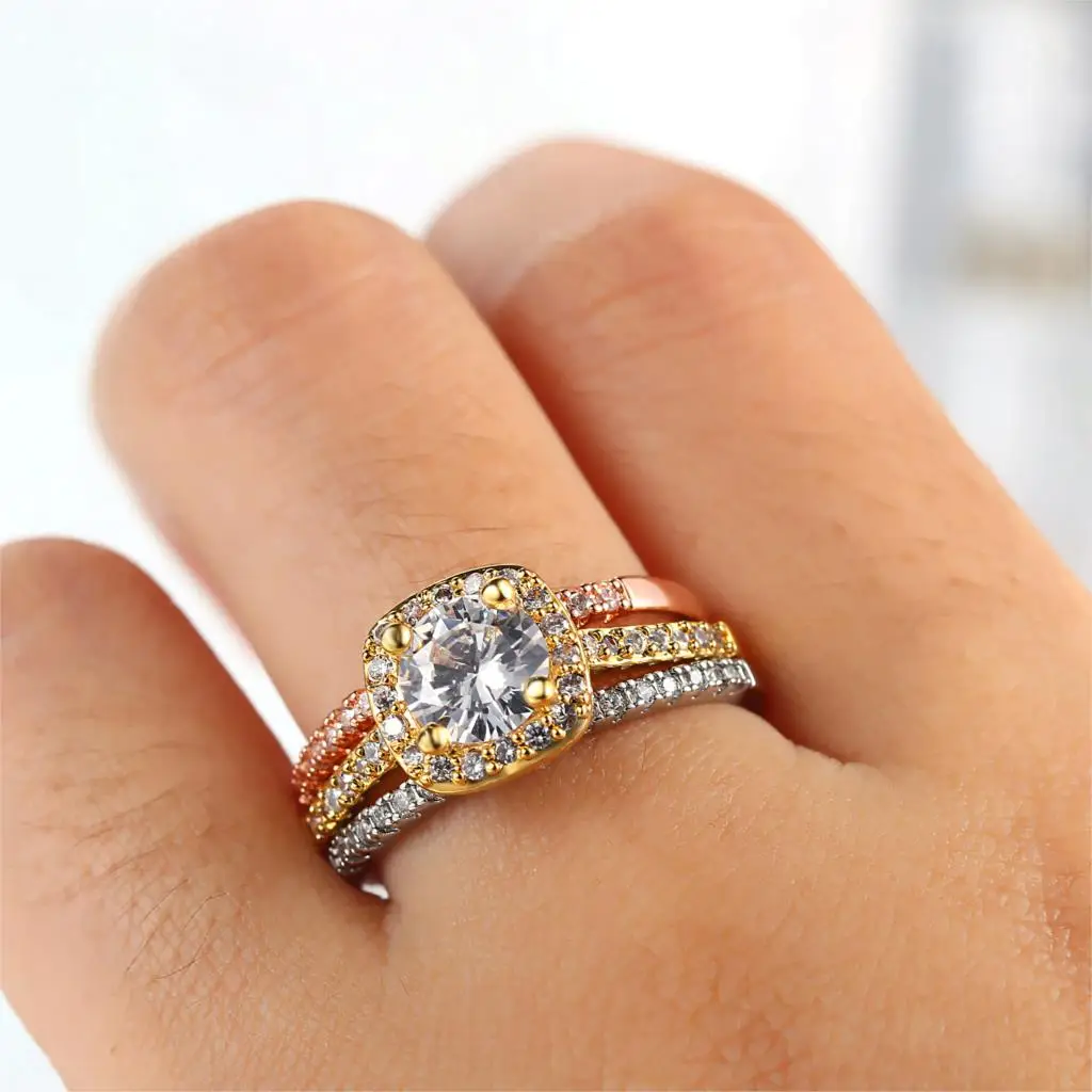 Shiny Wedding Rings Sets for Women Classic Squares Crystal Zircon Silver Color Ring for Bridal Fashion Jewelry Accessories SR531
