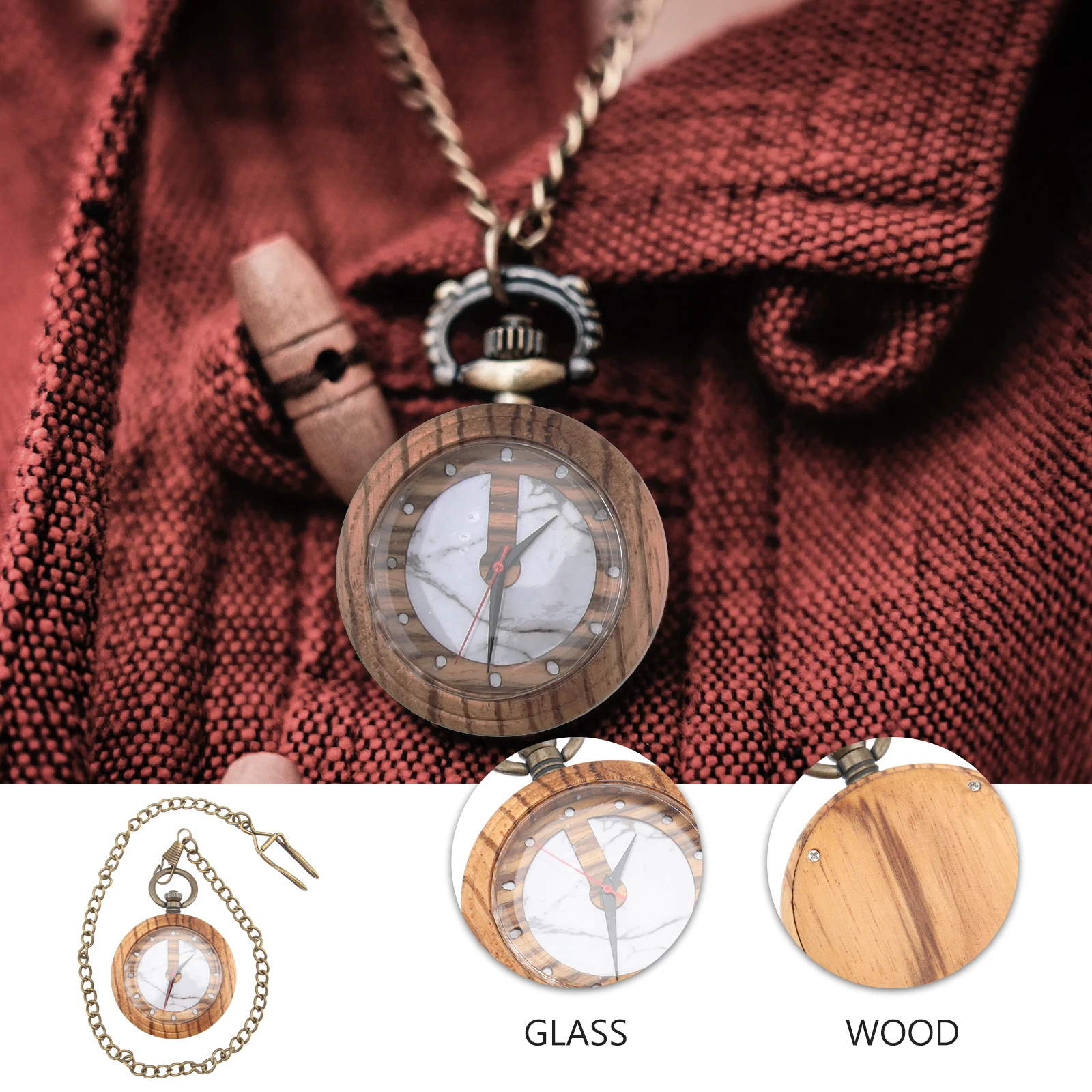 Wooden Quartz Watch for Men Women Glass Pocket Watch Precise Timekeeping Gift