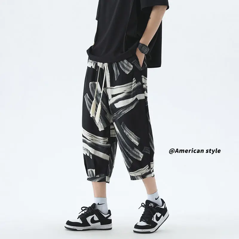 

Chinese Style Ice Silk Quick-drying Cropped Pants Men's Summer Loose and Handsome Tied Feet Casual Trendy Brand Retro Young