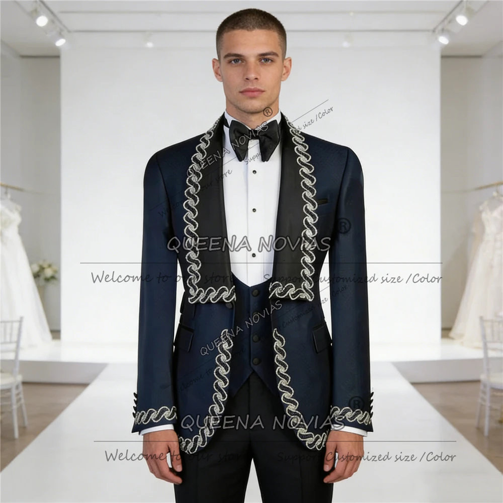 

Уникальный дизайн, свадебные костюмы для жениха, черная шаль, этикетка, расшитая бисером и кристаллами, пиджаки для выпускного вечера, индивидуальный комплект из 3 предметов, мужские банкетные смокинги 2026