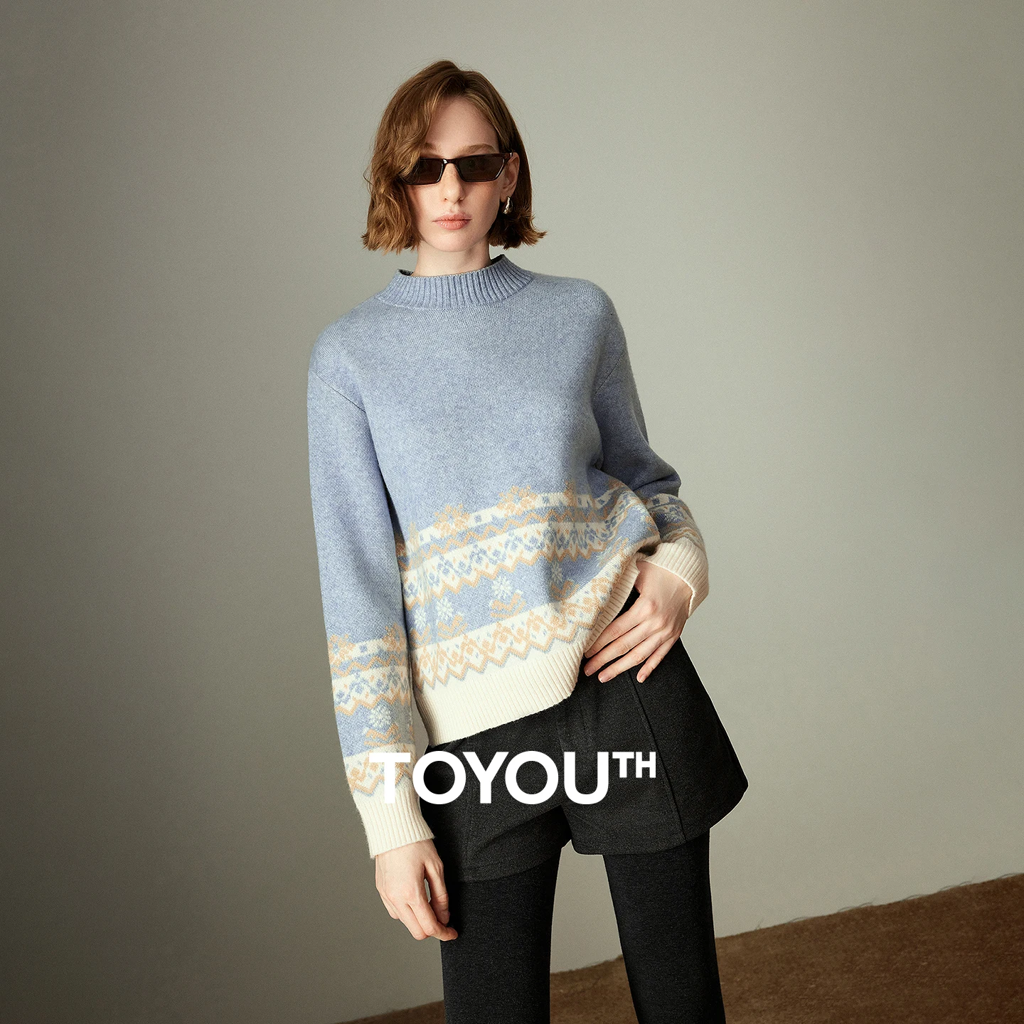 

TOYOUTH Thick Sweater for Women 2025 Winter New Loose Nordic Style Fair Isle Jacquard Fresh Light Blue Top