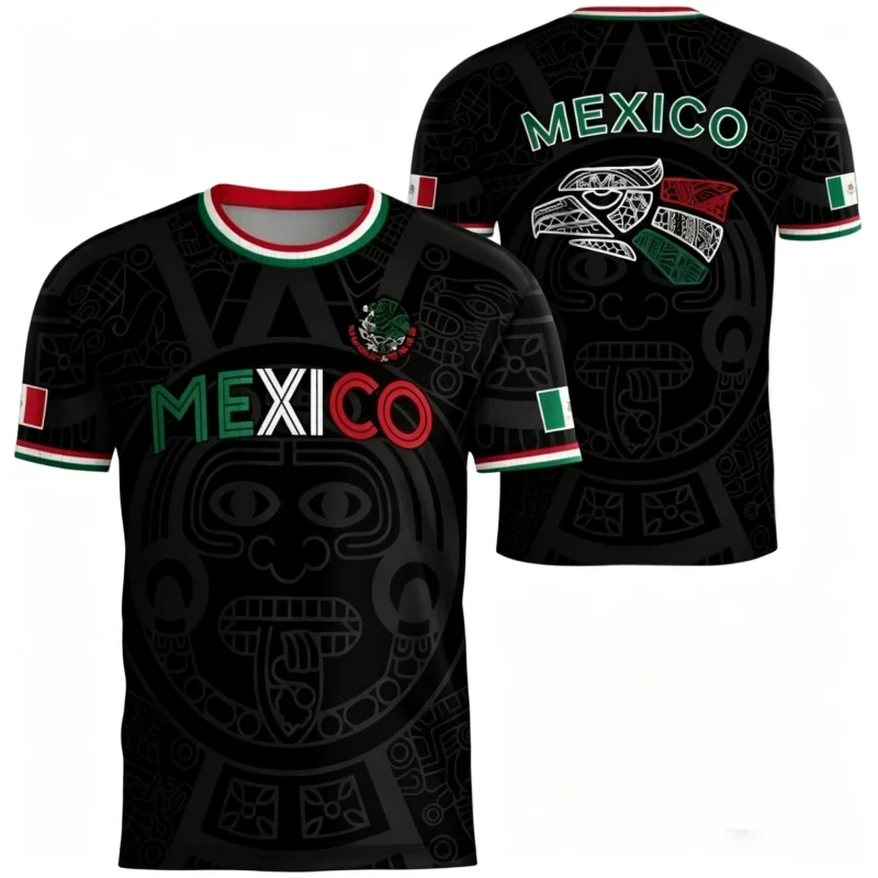 Vintage Mayan Totem Mexico T-Shirt, Green White Red Flag Trim Collar 3D Graphic Casual Daily Sports Short Sleeve Top