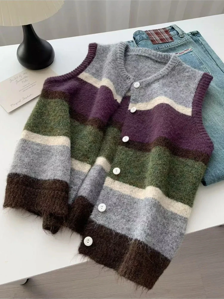 コントラストカラーストライプニットベスト レディース 2025年秋 ラウンドネック シングルブレストセーター カジュアル ヴィンテージ チョッキ トップス