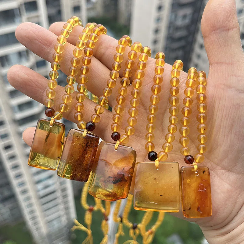5mm Amber Square Pendant Necklace Women Diy Gift Unique Insect Inclusion New Natural Round Bead 56cm Chain Baltic Amber Jewelry