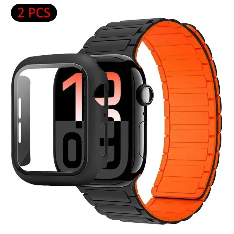 Силиконовый ремешок + чехол для Apple Watch Ultra3/2 49 мм 11 10 46/42 мм Магнитный сменный ремешок iWatch 9 8 7 45/41 мм 6 5 SE3 44 мм/40 мм