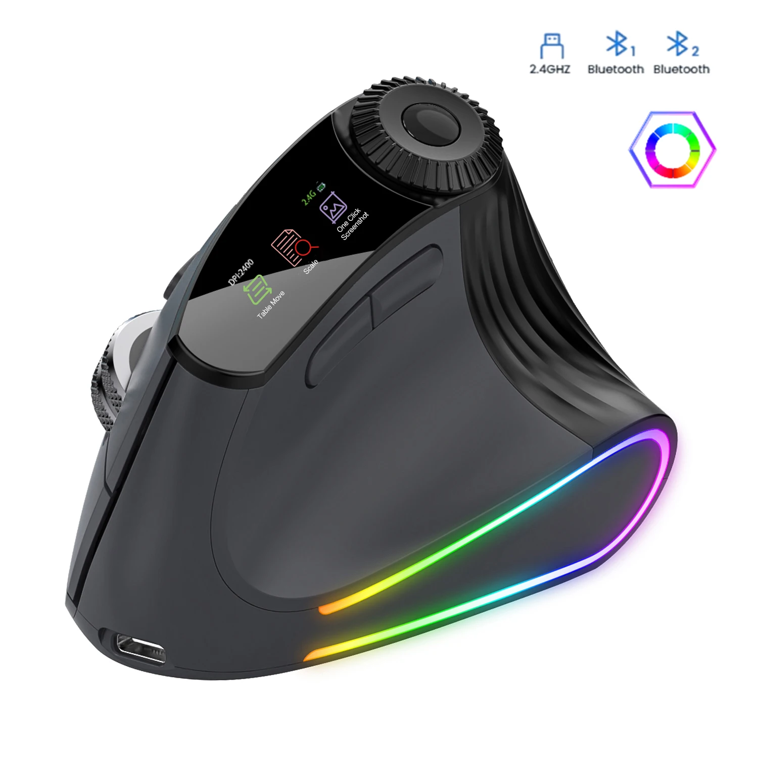 

Vertical Bluetooth Mouse with Function Adjustment Knob,LED Screen,RGB Backlit Speed Roller Wireless Gaming Mouse