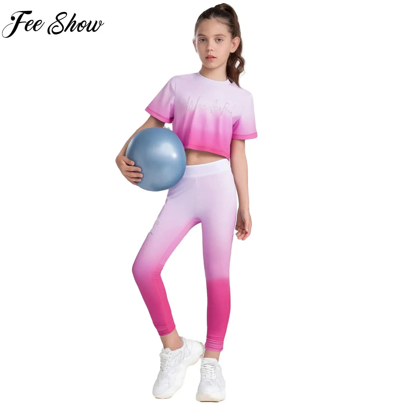 

Kids Workout Gymnastics Outfit Girls Yoga Sets Short Sleeve Rhinestones Gradient Color T-shirt Vest Pants Dance Athletic Suits