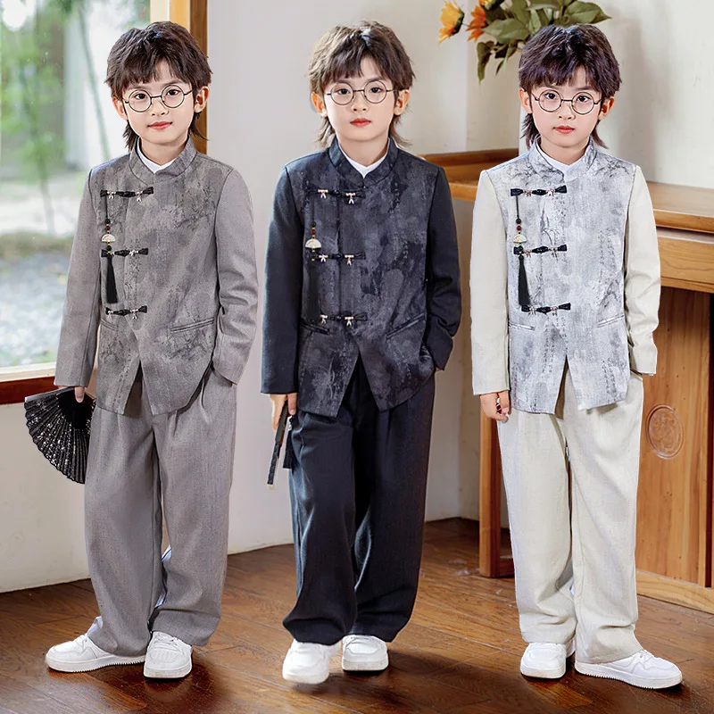 1-10Y Boys Autumn Elegant Suits Outfit Children Boys Retro Print Spliced Coat Pants Suits Ancient Style Performance Costume Set
