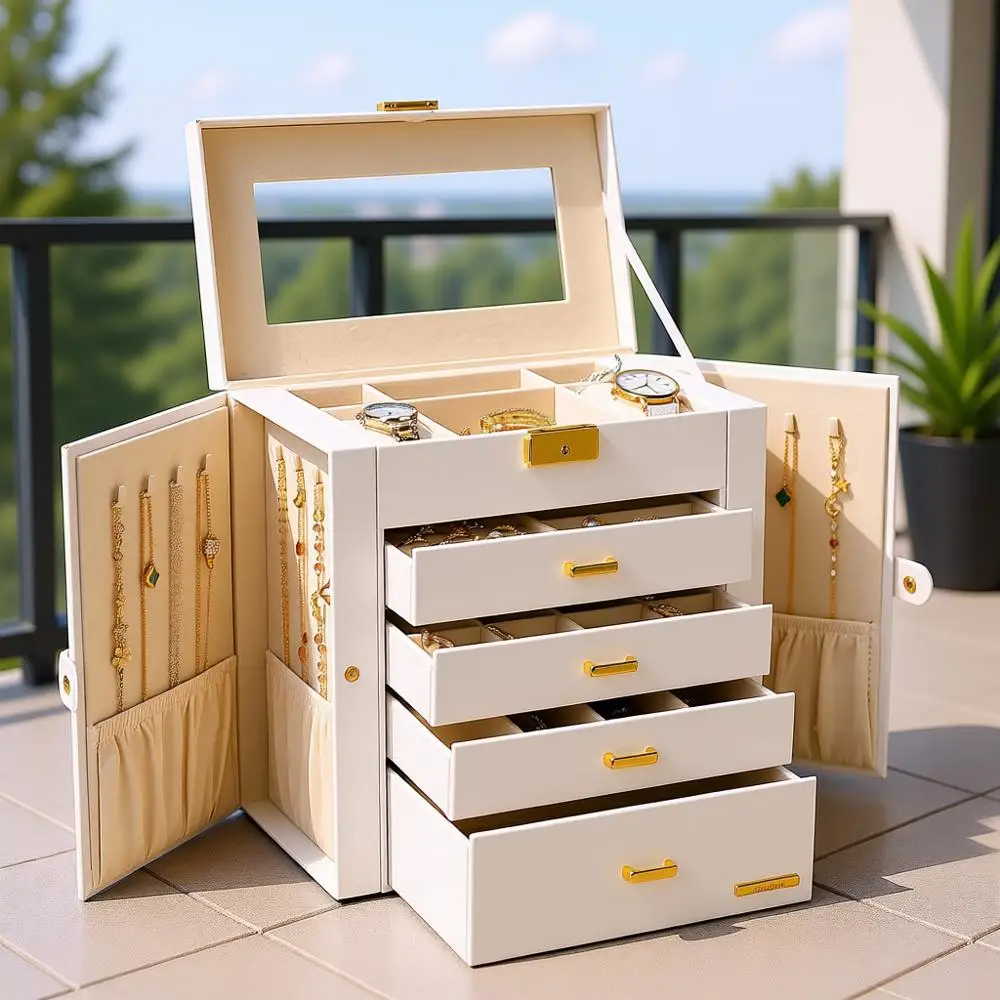 

Synthetic Leather Huge Jewelry Box Mirrored Watch Organizer Ring Earring Storage Lockable Case (White + Gold)
