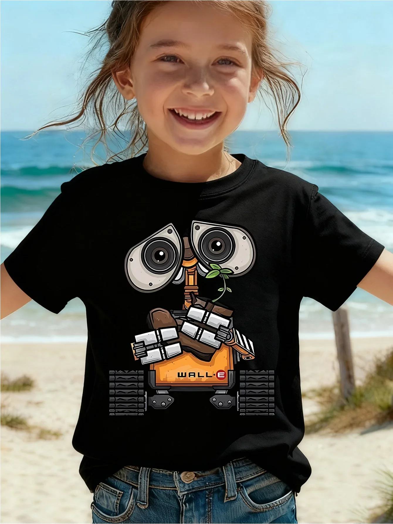 Cartoon WALL E Robot With Small Plant Pattern Printed Short Sleeve T Shirt Trendy Casual Outfit For Boys And Girls