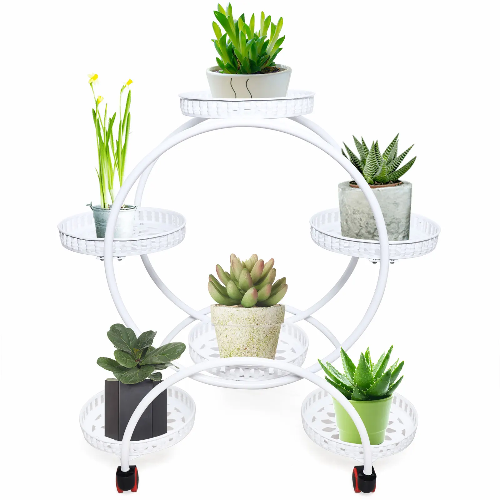 Metal Plant Stands 6 Pots Plants Flower Rack with Wheel for Indoor Outdoor