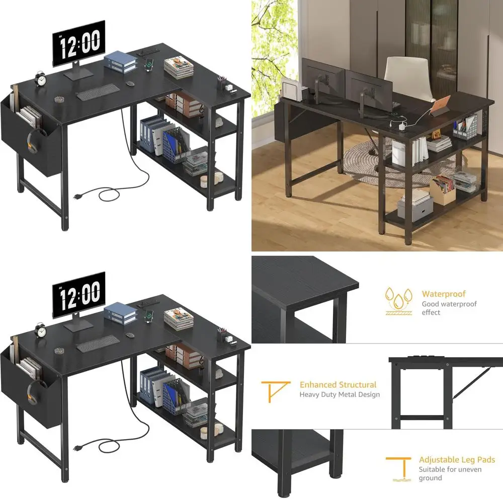 

Компактный черный L-образный стол с полками и розеткой для игр, домашнего офиса и учебы в небольших помещении.