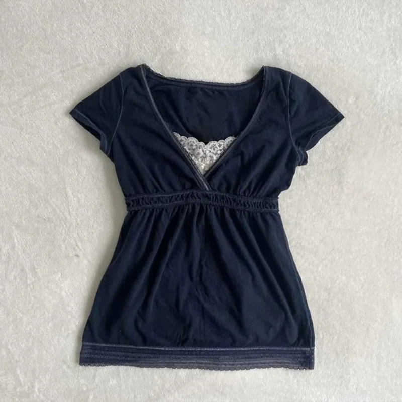 

Solid color versatile T-shirt lace retro decoration punk Y2K crop top rock aesthetic slim high street urban casual women T-shirt