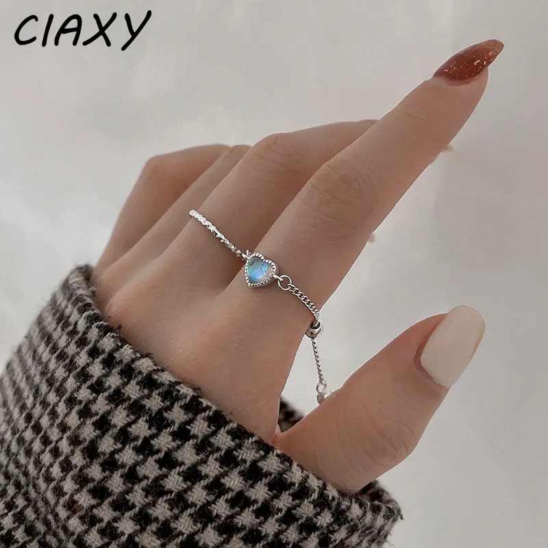 CIAXY Silver Color Love Rings for Women Pull-out Chain Design Colorful Moonstone Heart-shaped Finger Ring  Jewelry