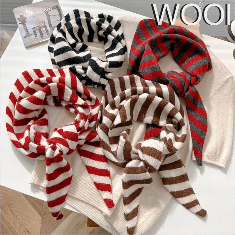 

British Korean Triangle Scarf Stripe 100% Wool Triangular Scarf Women Headscarf Knitted Scarf Multifunctional Warm Knitted Scarf