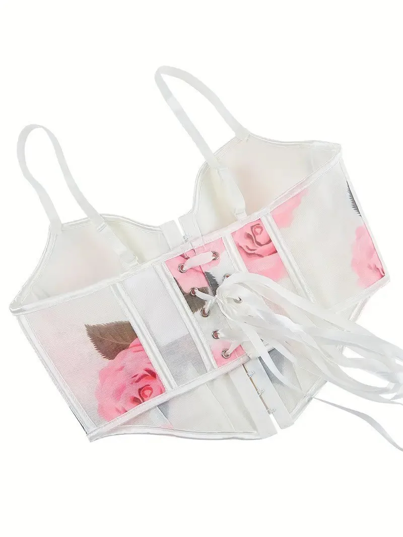 Women Floral Print Mesh Corset Top Adjustable Spaghetti Straps Front Hook Closure Lace Up Back Bustier Crop Top Party Clubwear