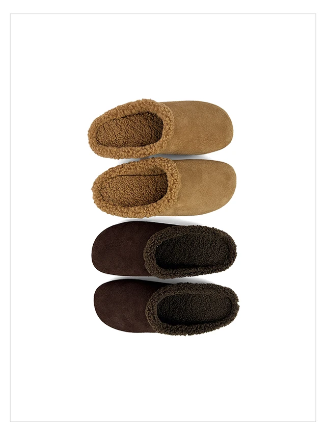 2027 Autumn Winter New Arrival Cow Suede Upper Warm Faux Shearling Lining Mango‑Toe Slip‑on Women's Home Mule Cotton Slippers
