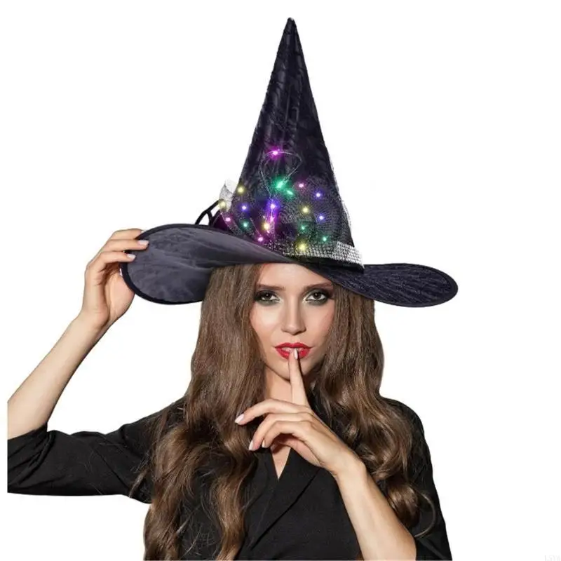 

L5YA Light up Witch Hat Halloween Cloak Wand Accessory for Halloween Party Lace Flower Hat Elegant Headwear for Masquerade