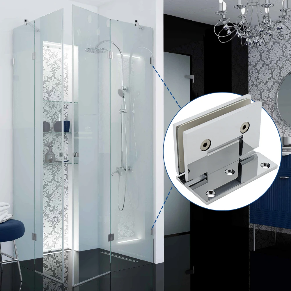 Bathroom Shower Hinges with Heavy Duty Chrome 90 Degree Glass to Wall Brass Shower Glass Clips