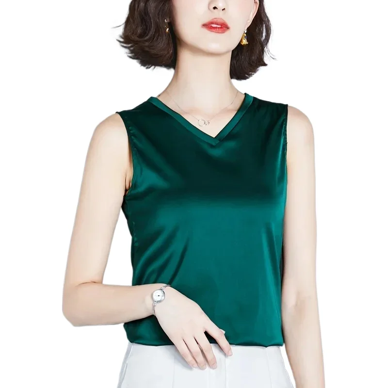 

Copy Silk vest women sleeveless top summer v-neck Solid color blouse shirt plus size