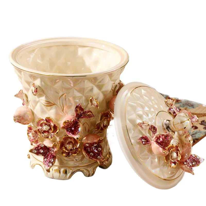For Ceramic Trash Can for Home Use, Vintage Vintage Living Room, Kitchen, Bathroom, Bedroom Storage Bucket Cylinder with Lid