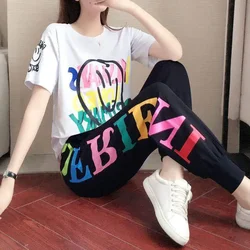 Women's 2025 Spring Summer New Casual Sports Suit Short Sleeved Printed T Shirt And Harem Pants Two Piece Set For Women Clothing