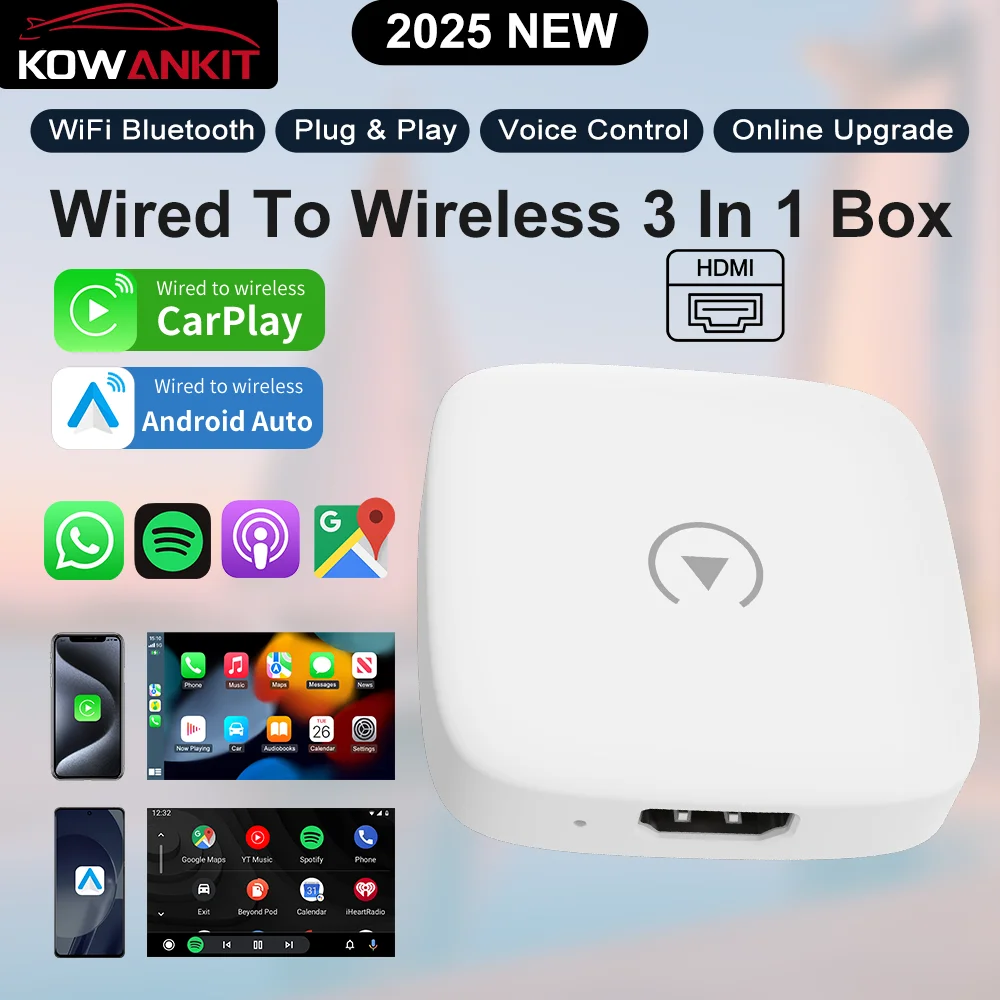 

3 in 1 Wireless CarPlay Adapter Android Auto wireless Dongle Car for Bluetooth HDMI Plug & Play Smart Mini AI Box KowanKit 2026