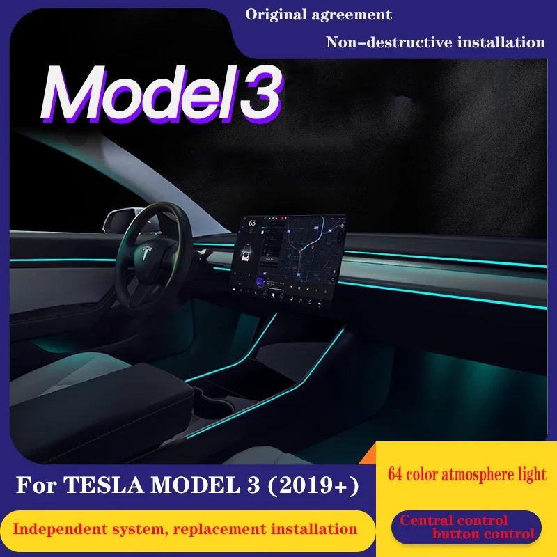 For Tesla Model3 model 3 Y X S 2019 2020 2021 inter car Ambient Light lamp 64 colors decorate inter lamp touch control
