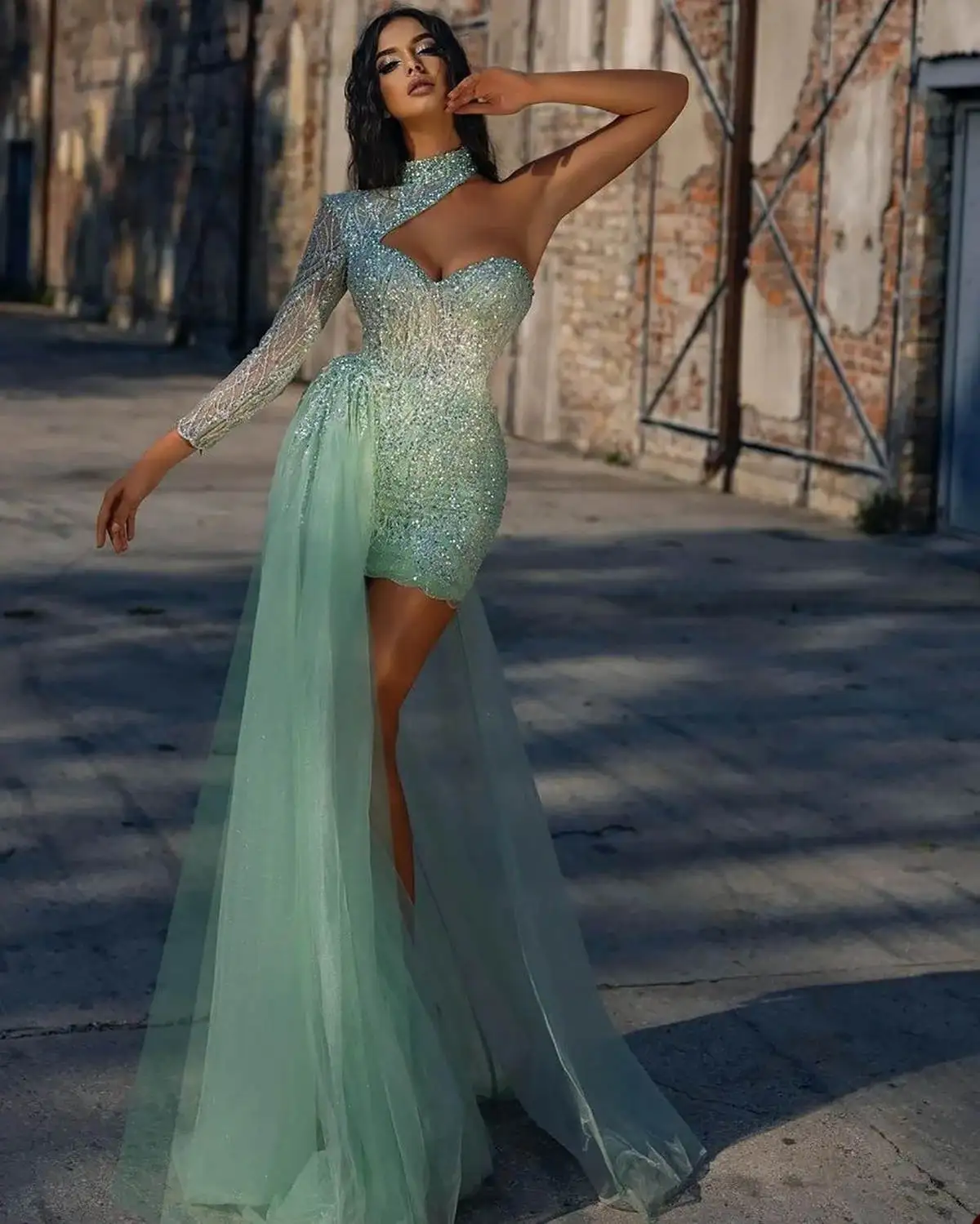 Sparkly Mermaid Prom Dress Sequins High Neck One Shoulder Long Sleeve Evening Dresses  Above Knee Party Gowns Custom Made