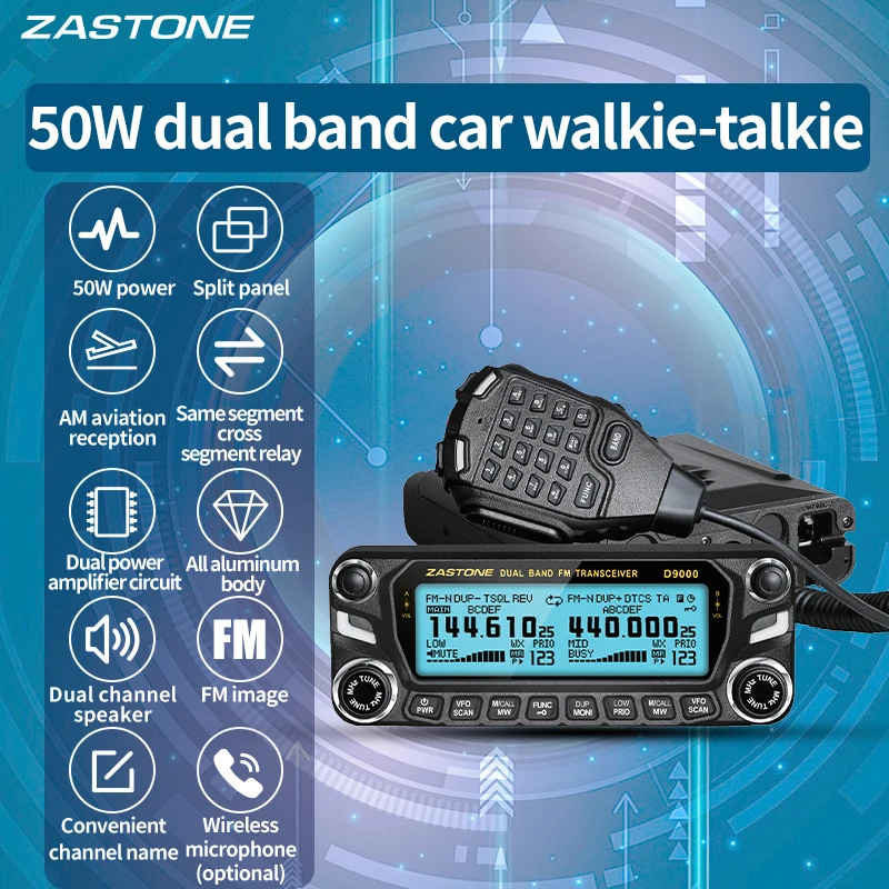 ZASTONE D9000 Car Walkie Talkie Dual Band 50W Air Band Two Way Radio with Split Panel Mobile Radio