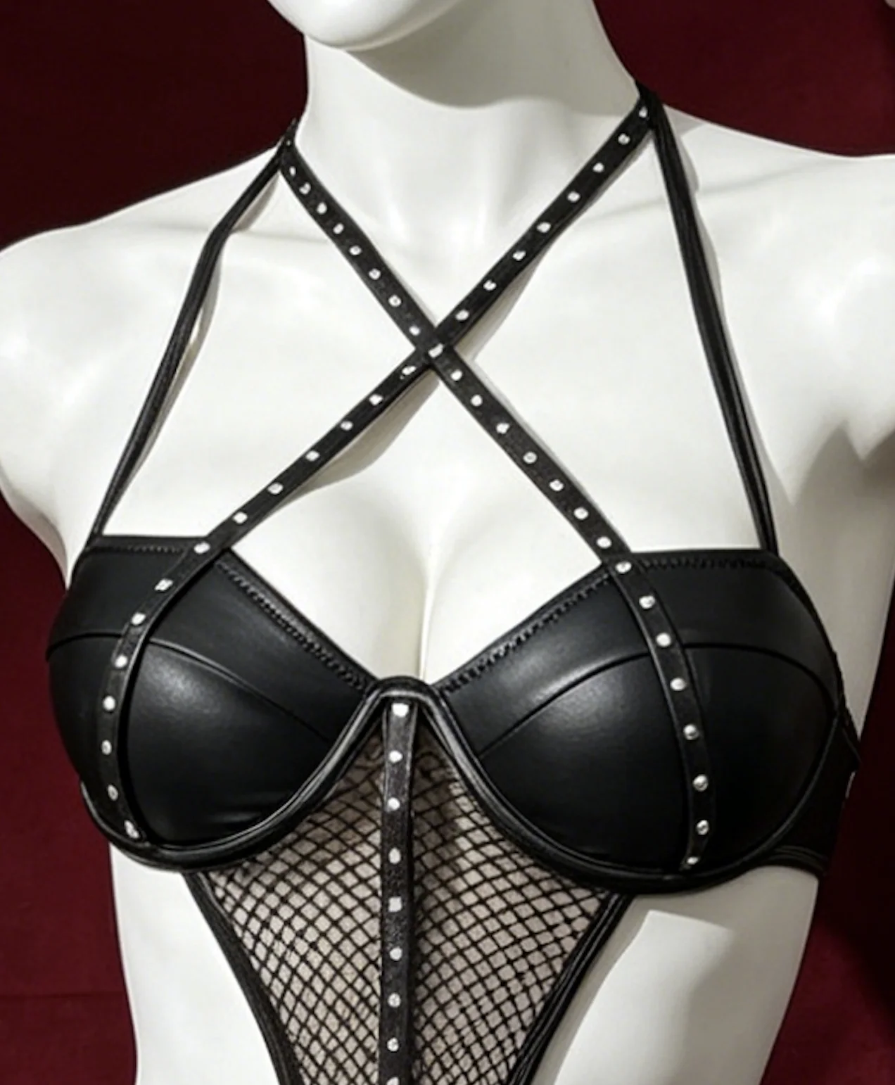 【 Fragments.SPECIAL LINK:THE MASCOT'SLITTLE GIFT.】 Chic Black Studded Halter Bodysuit with Fishnet Mesh and Faux Leather - view 3