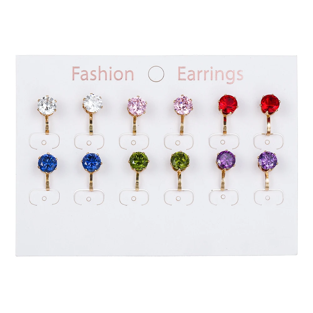 6 Pairs/set Luxury Female Round Colorful Zircon Stone Clip on Earrings Fashion Vintage Gold Non Pierced Ear Clips For Women Gift