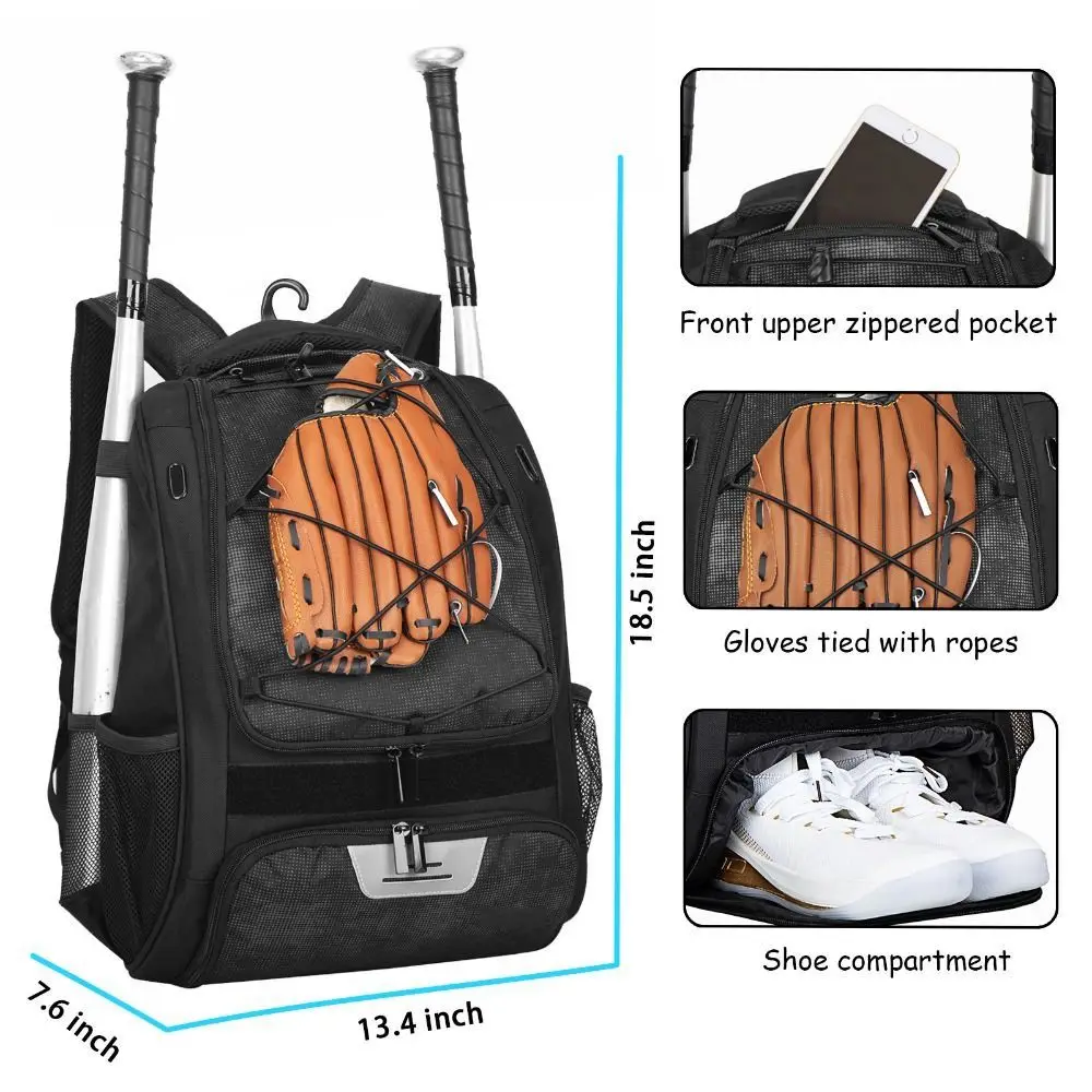 New Bat Helmet Holders Baseball Bag Shoe Compartment Ventilated Bat Bag Large Capacity Water-Resistant Softball Backpack view 6