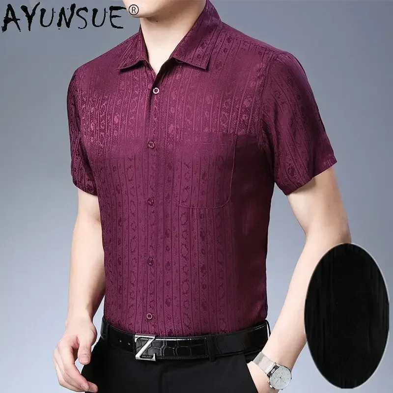 AYUNSUE 100% Mulberry Real Silk Shirt for Men Short Sleeved Silk Satin Shirt Men's Clothing Summer Thin Casual Tops Camisetas